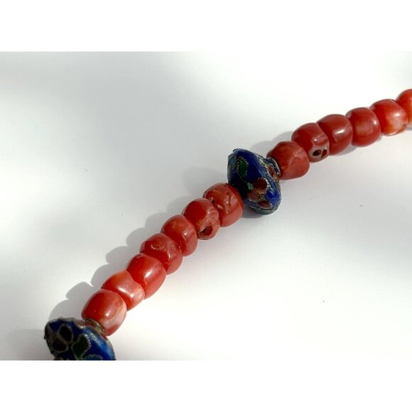 Coral & Blue Cloisonne Floral Beaded Vintage Sterling Silver 925 Necklace 15.5" - Picture 10 of 10